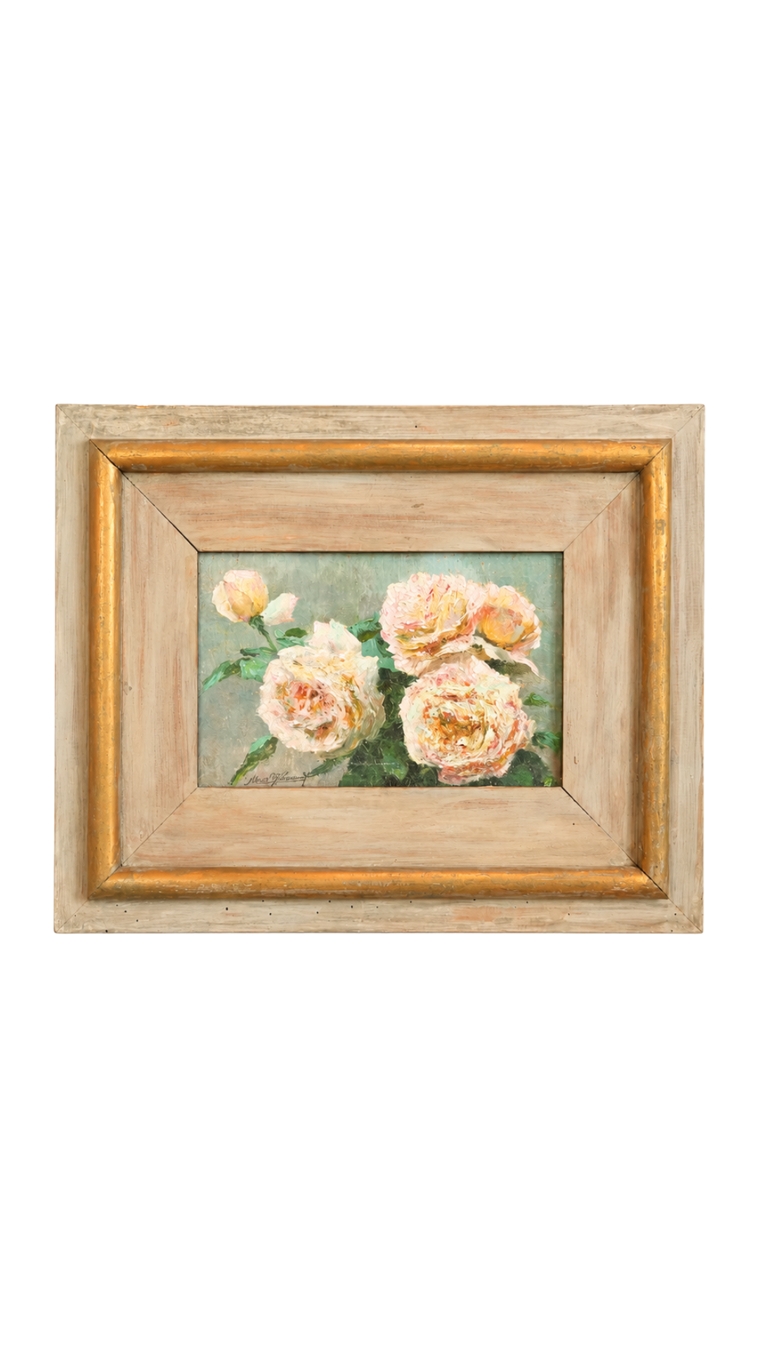 Antique French Blush Roses in a Vintage Painted Frame