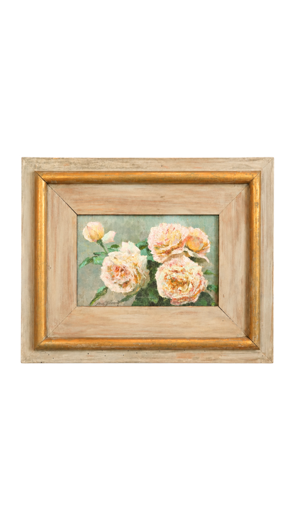 Antique French Blush Roses in a Vintage Painted Frame
