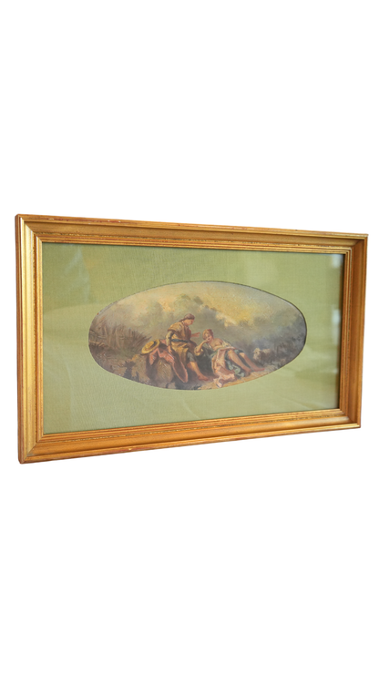 Antique French Pastoral Figural Scene in Gilt Frame