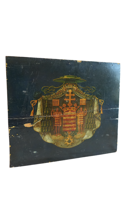 Antique European Hand-Painted Heraldic Coat of Arms Panel