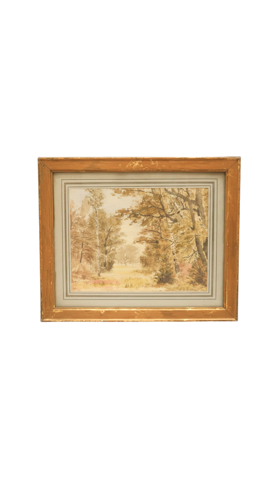 Signed French Woodland Watercolor in Gilt Frame