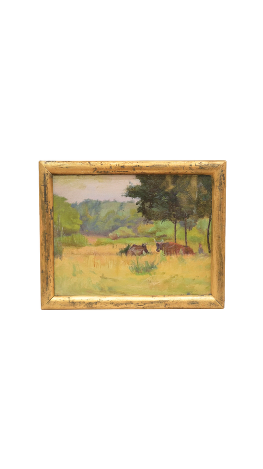 European Pastoral Oil Painting with Cattle in Gilt Frame