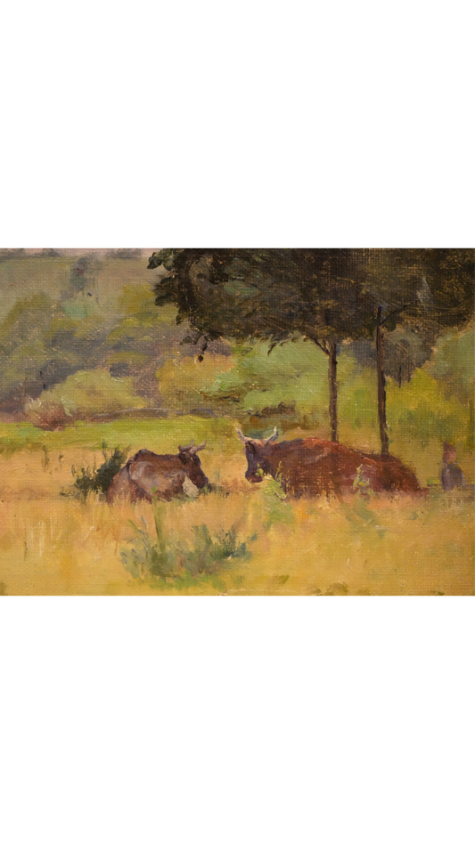 European Pastoral Oil Painting with Cattle in Gilt Frame