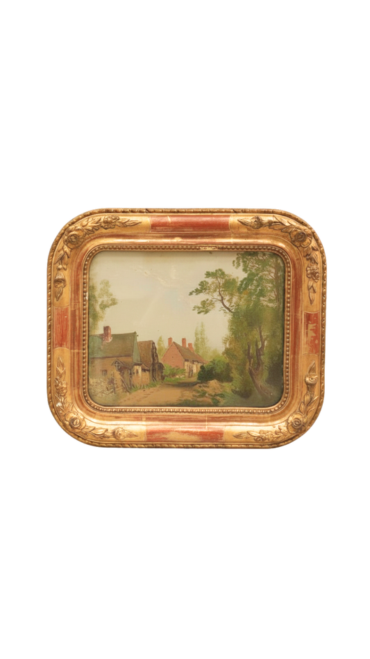 Antique French Village Landscape Oil Painting in Rounded Gilt Floral Frame