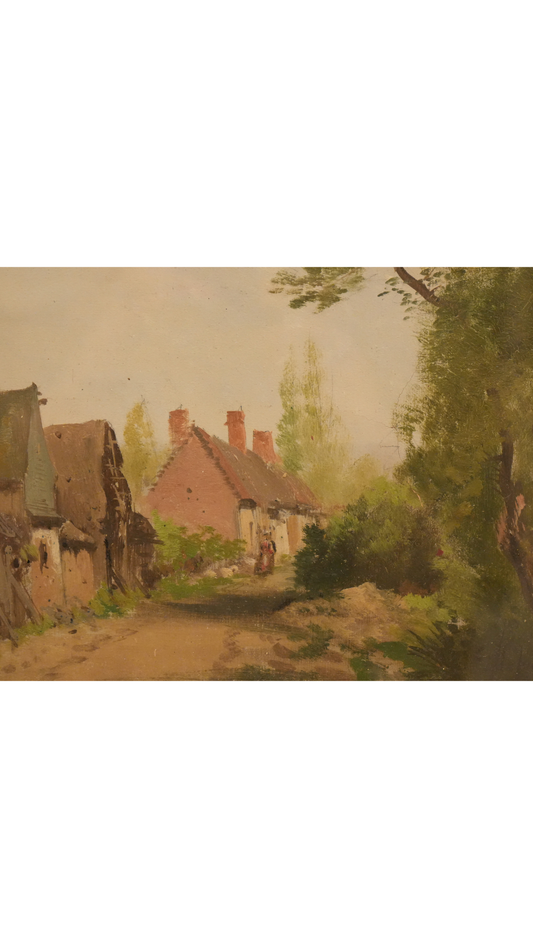 Antique French Village Landscape Oil Painting in Rounded Gilt Floral Frame