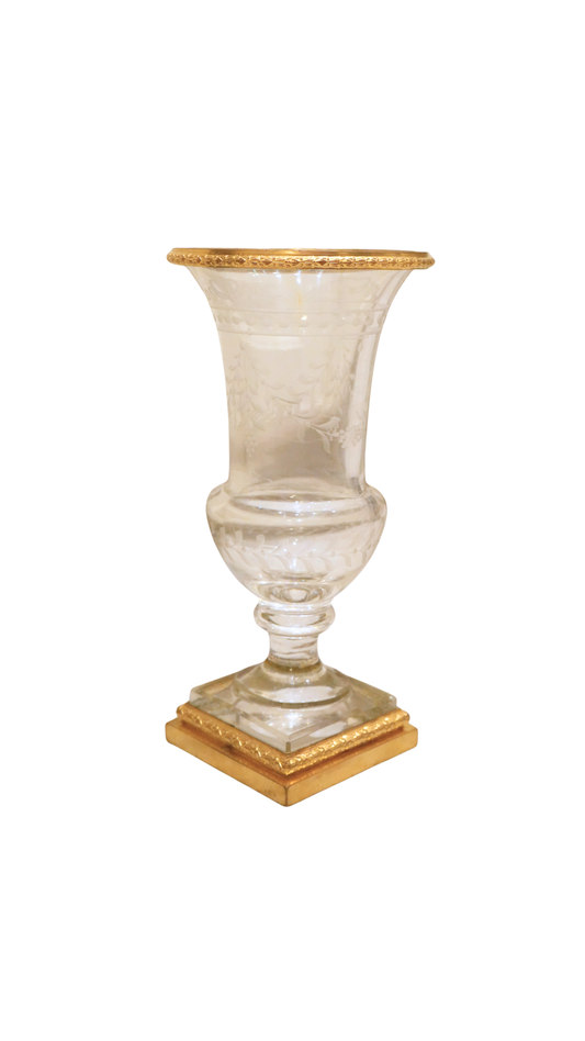 Antique French Etched Crystal Vase with Gilt Bronze Mounts
