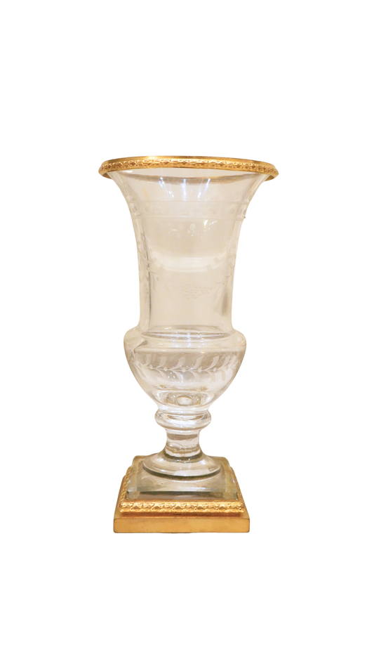 Antique French Etched Crystal Vase with Gilt Bronze Mounts