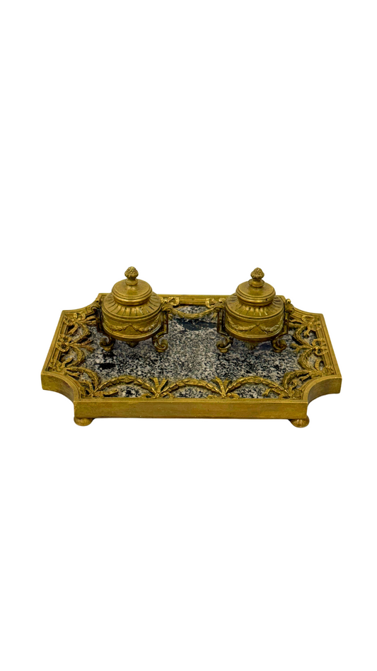 Antique French Bronze and Marble Double Inkwell
