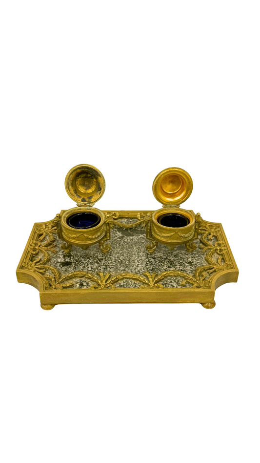 Antique French Bronze and Marble Double Inkwell
