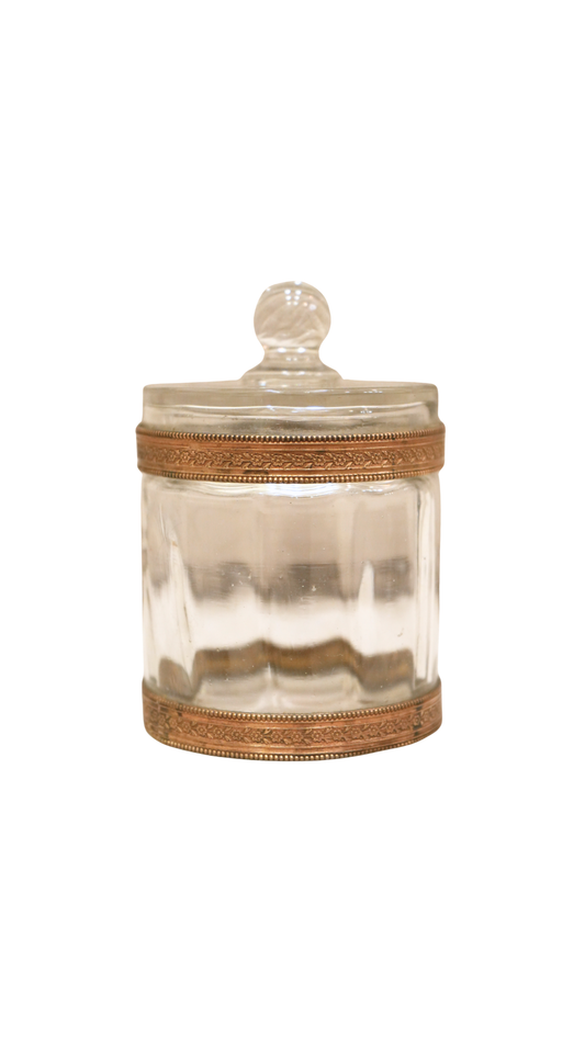 Antique French Glass Vanity Jar with Brass Mounts and Lid