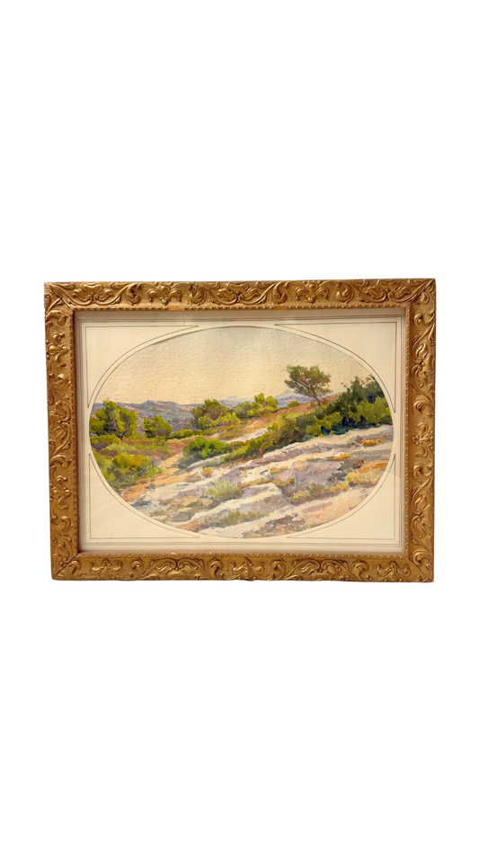 Framed Landscape Watercolor in Gilt Scroll Frame